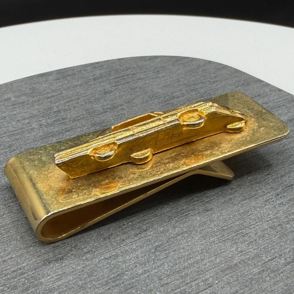 Gold Tone Classic Car Money Clip Raised Automobile Motif Collectible Mens Gift